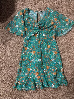SHEIN Teal Floral A-Line Dress with Orange & White Accents